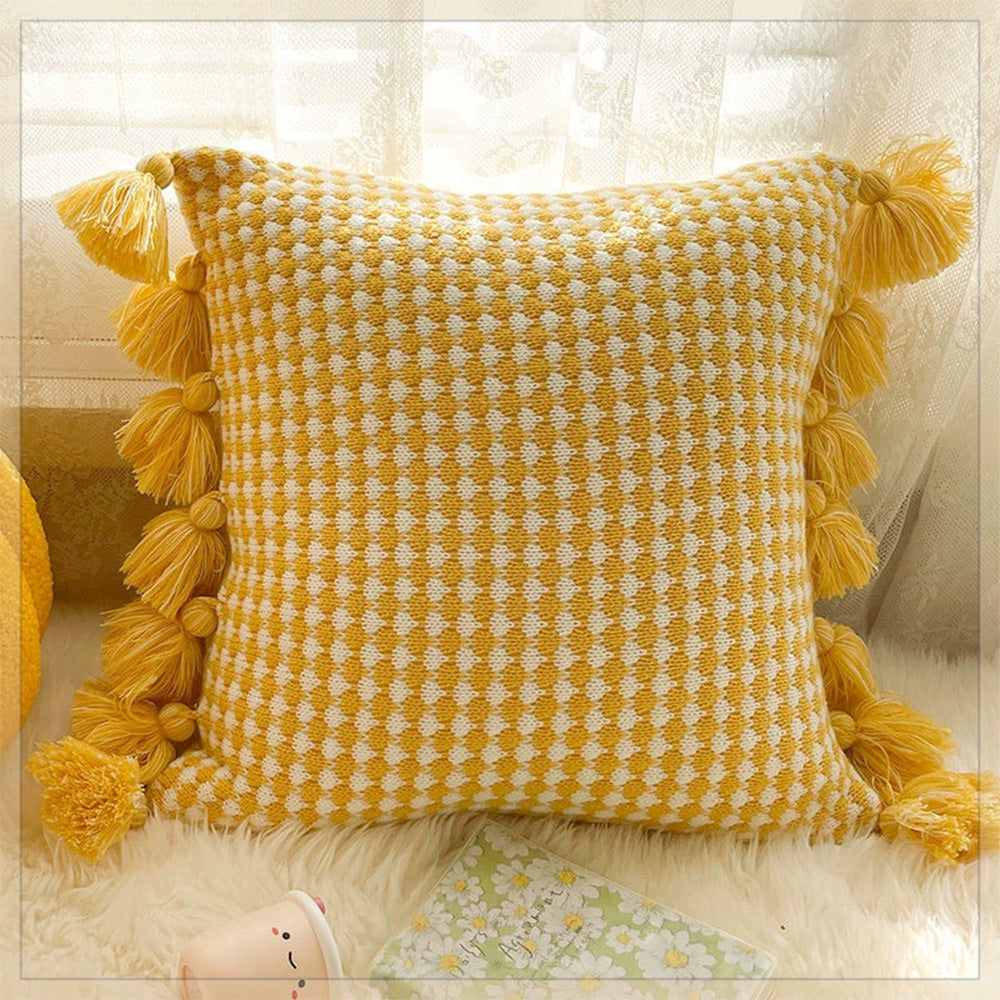 HKM-943123 Mint Green Textile Knitting Cushion Cover with Tassels - Modern Round Pillow for Living Room or Bedroom