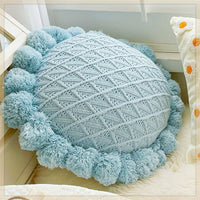 HKM-943123 Mint Green Textile Knitting Cushion Cover with Tassels - Modern Round Pillow for Living Room or Bedroom