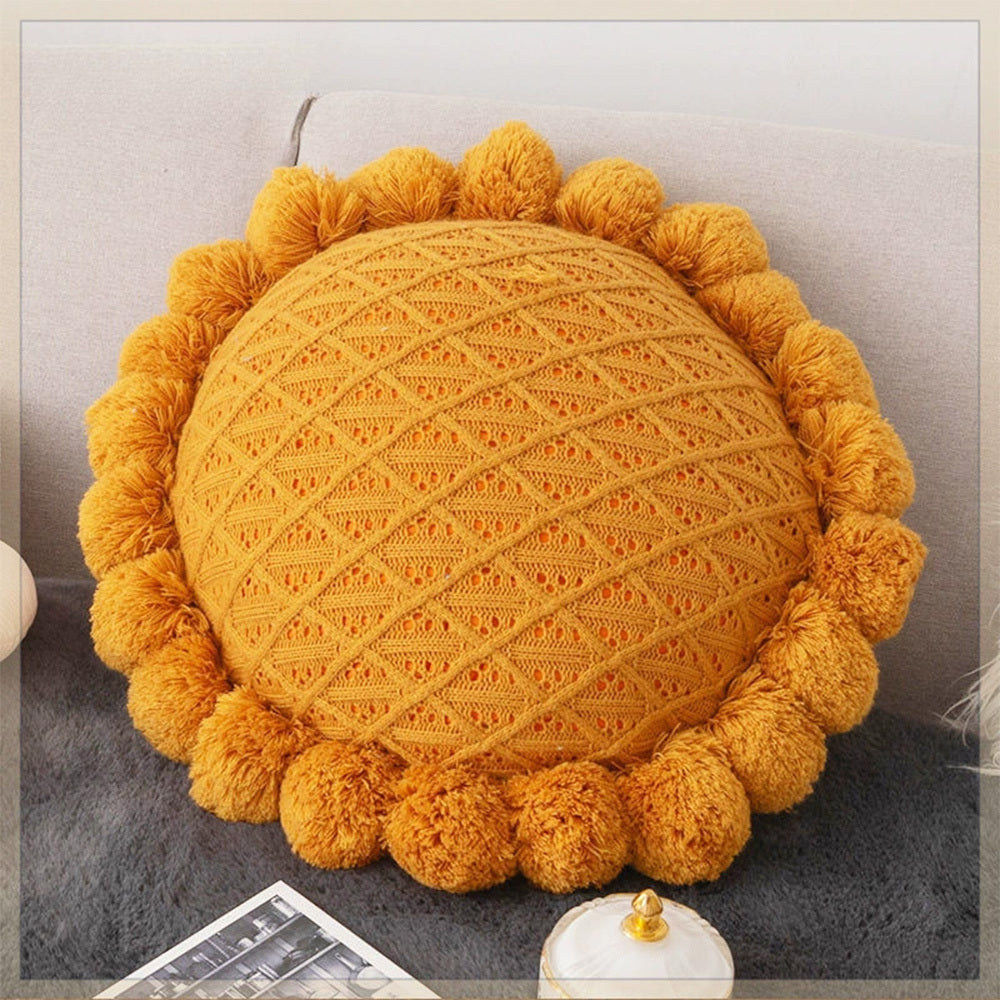 HKM-943123 Mint Green Textile Knitting Cushion Cover with Tassels - Modern Round Pillow for Living Room or Bedroom