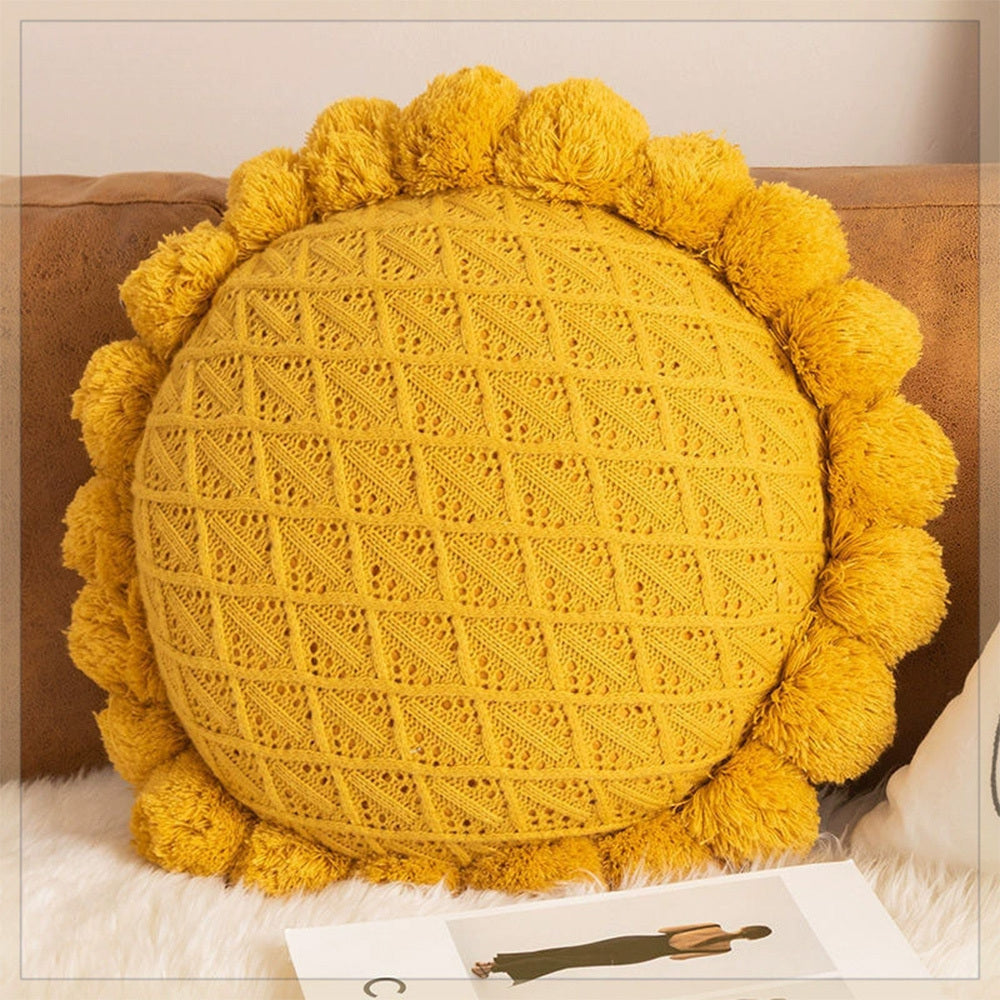 HKM-943123 Mint Green Textile Knitting Cushion Cover with Tassels - Modern Round Pillow for Living Room or Bedroom