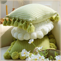 HKM-943123 Mint Green Textile Knitting Cushion Cover with Tassels - Modern Round Pillow for Living Room or Bedroom