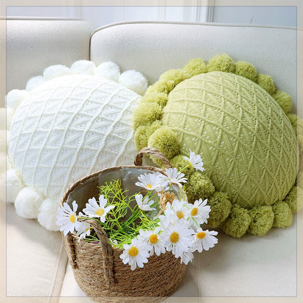 HKM-943123 Mint Green Textile Knitting Cushion Cover with Tassels - Modern Round Pillow for Living Room or Bedroom