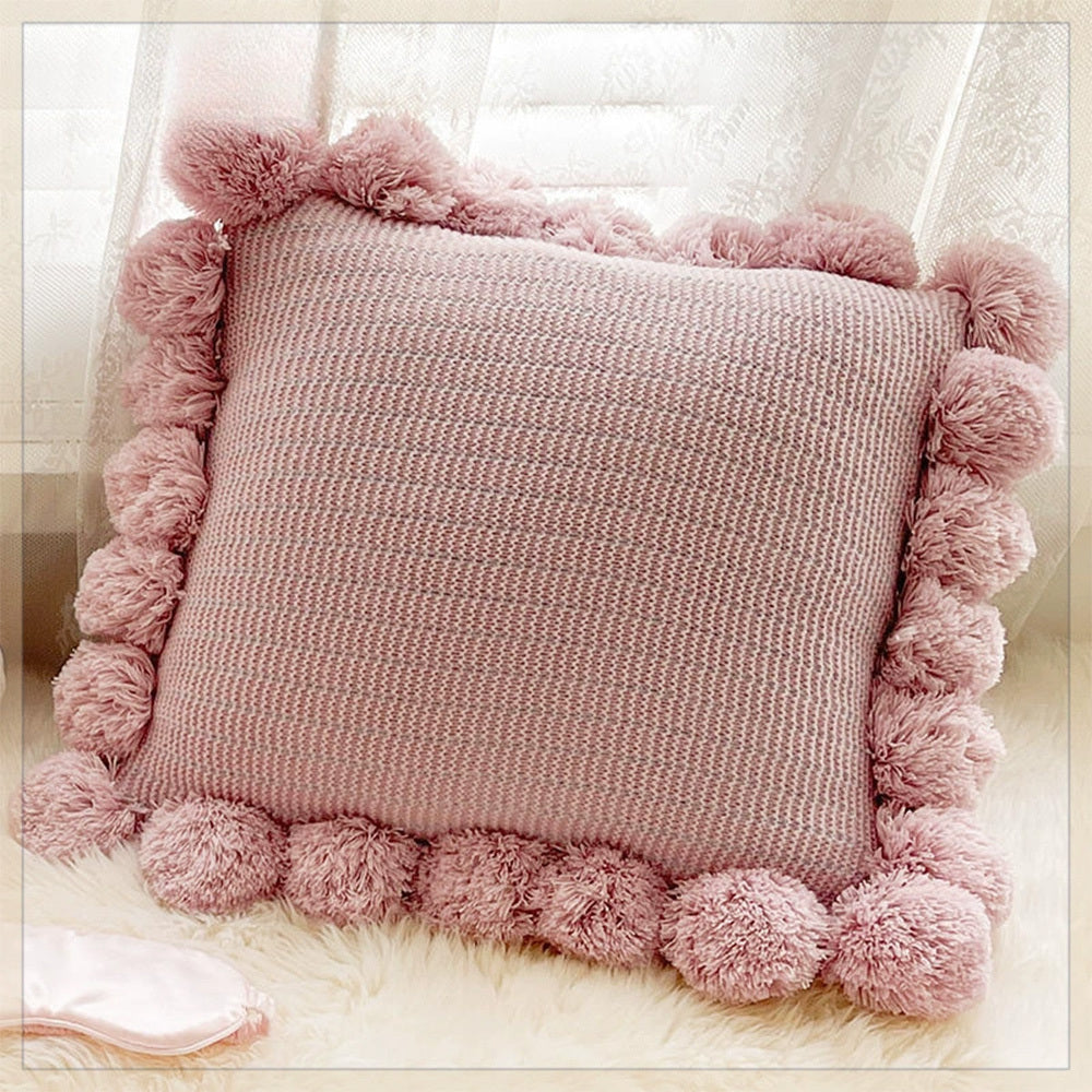 HKM-943123 Mint Green Textile Knitting Cushion Cover with Tassels - Modern Round Pillow for Living Room or Bedroom