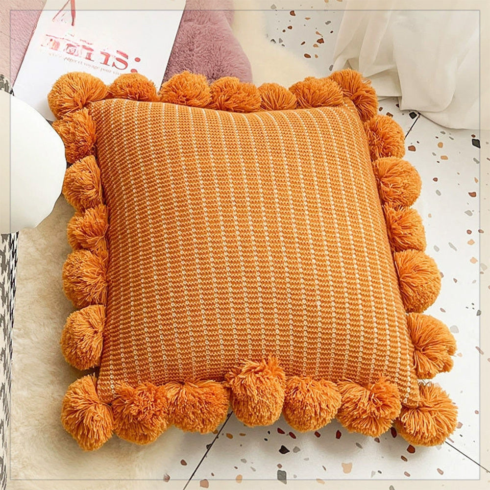 HKM-943123 Mint Green Textile Knitting Cushion Cover with Tassels - Modern Round Pillow for Living Room or Bedroom