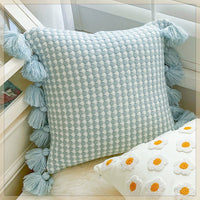 HKM-943123 Mint Green Textile Knitting Cushion Cover with Tassels - Modern Round Pillow for Living Room or Bedroom