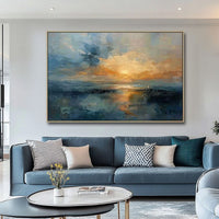 HKM-943251 Handmade Oil Painting Canvas - Sunset Over the Sea Abstract Landscape Art for Home Decor