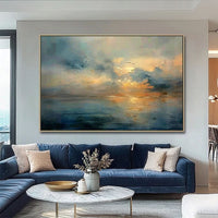 HKM-943251 Handmade Oil Painting Canvas - Sunset Over the Sea Abstract Landscape Art for Home Decor