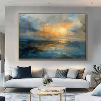 HKM-943251 Handmade Oil Painting Canvas - Sunset Over the Sea Abstract Landscape Art for Home Decor