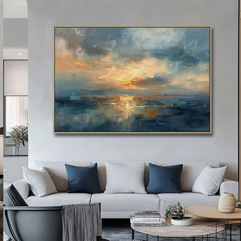 HKM-943251 Handmade Oil Painting Canvas - Sunset Over the Sea Abstract Landscape Art for Home Decor