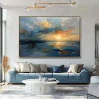 HKM-943251 Handmade Oil Painting Canvas - Sunset Over the Sea Abstract Landscape Art for Home Decor