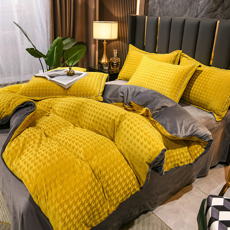 HKM-943315 Three-Dimensional Carved Velvet Four-Piece Bedding Set - Nordic Style, Houndstooth Patterns in Multiple Colors