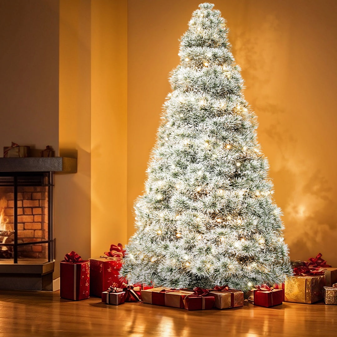 HKM-943443 Pre-Lit Hinged Artificial Christmas Tree with 347 Branch Tips and 120 Warm White Lights, Available in Multiple Sizes