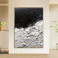 HKM-944403 Handmade Abstract Oil Painting - Oceans of Stars - Black and White Canvas Wall Art for Home Decor