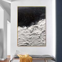HKM-944403 Handmade Abstract Oil Painting - Oceans of Stars - Black and White Canvas Wall Art for Home Decor