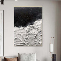 HKM-944403 Handmade Abstract Oil Painting - Oceans of Stars - Black and White Canvas Wall Art for Home Decor