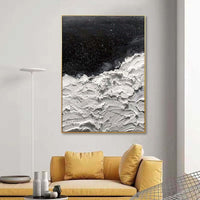 HKM-944403 Handmade Abstract Oil Painting - Oceans of Stars - Black and White Canvas Wall Art for Home Decor