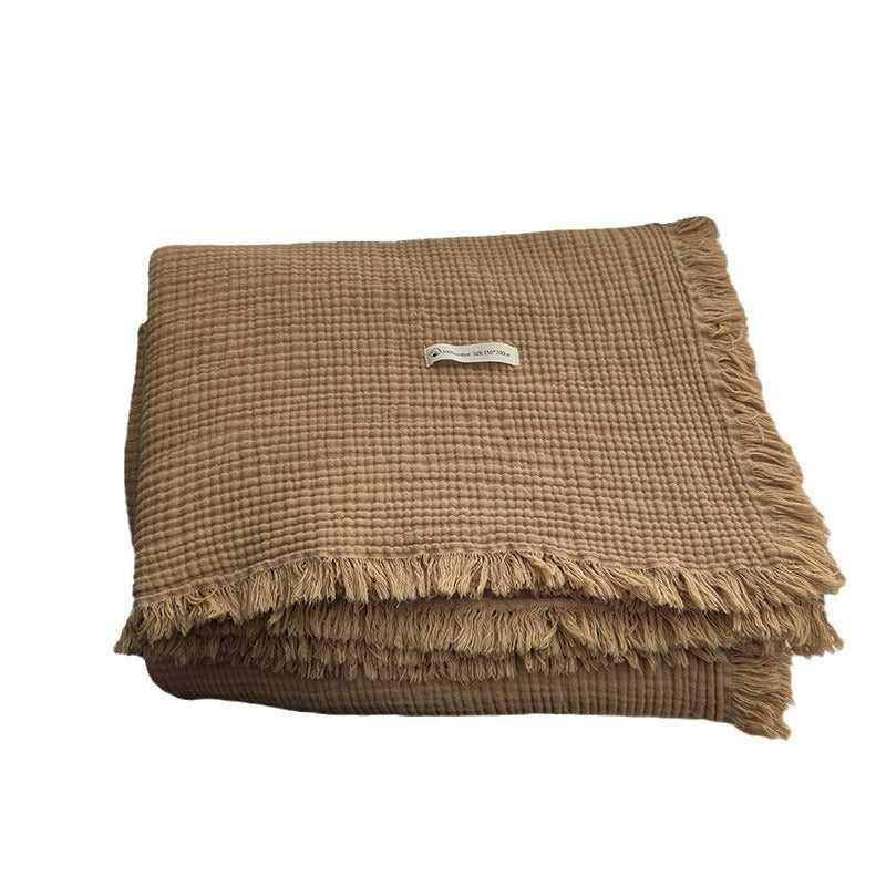 HKM-944467 Pure Cotton Four-Layer Gauze Blanket with Tassels in Solid Colors - 130x170cm, 150x200cm