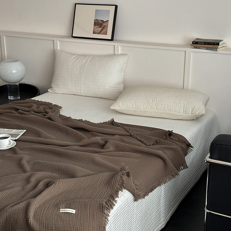 HKM-944467 Pure Cotton Four-Layer Gauze Blanket with Tassels in Solid Colors - 130x170cm, 150x200cm