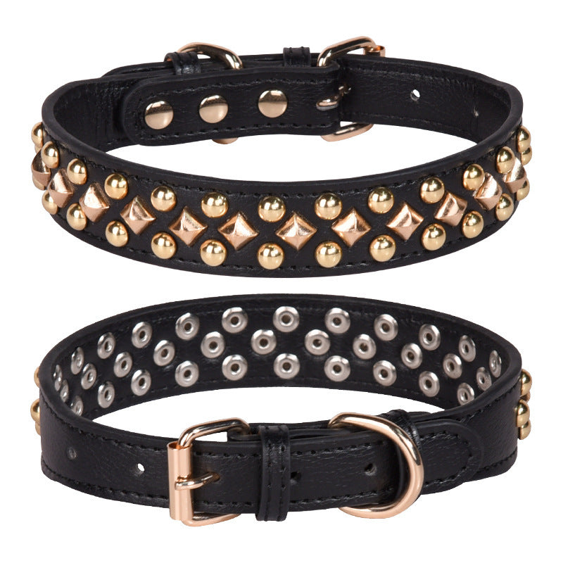HKM-945171 Rivet Leather Collar Golden Rivet Decoration Pet Dog Collar , Apply To Small Medium Large Dogs ,Retro Style Collar