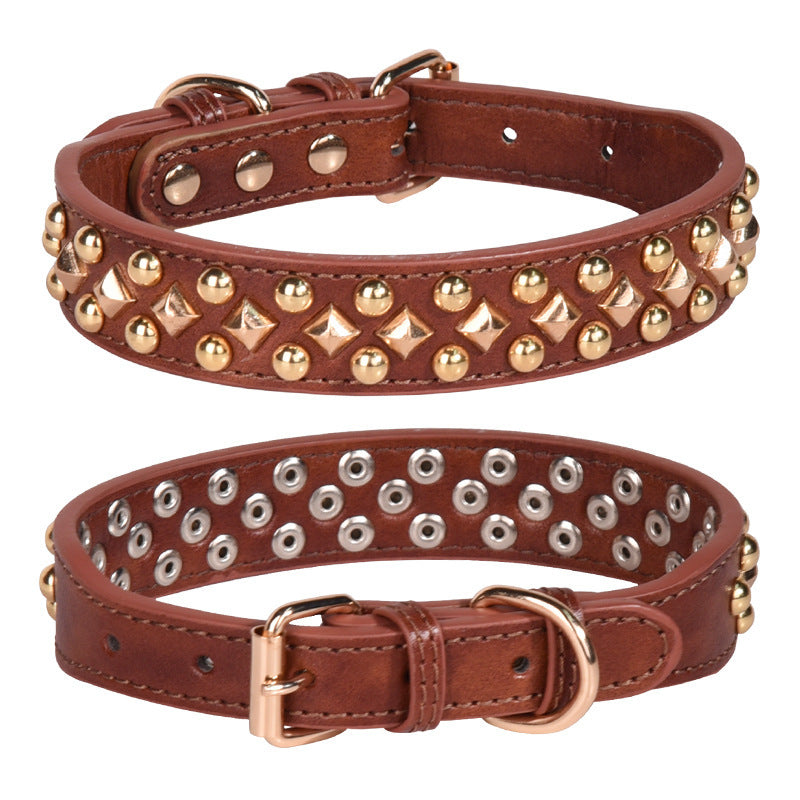HKM-945171 Rivet Leather Collar Golden Rivet Decoration Pet Dog Collar , Apply To Small Medium Large Dogs ,Retro Style Collar