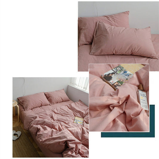 HKM-945427 Solid Color Washed Cotton Quilt Cover Set - Includes Pillowcase, Fitted Sheet, Flat Sheet