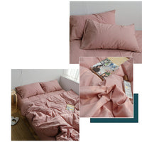 HKM-945427 Solid Color Washed Cotton Quilt Cover Set - Includes Pillowcase, Fitted Sheet, Flat Sheet