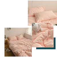 HKM-945427 Solid Color Washed Cotton Quilt Cover Set - Includes Pillowcase, Fitted Sheet, Flat Sheet