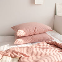 HKM-945427 Solid Color Washed Cotton Quilt Cover Set - Includes Pillowcase, Fitted Sheet, Flat Sheet