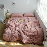 HKM-945427 Solid Color Washed Cotton Quilt Cover Set - Includes Pillowcase, Fitted Sheet, Flat Sheet