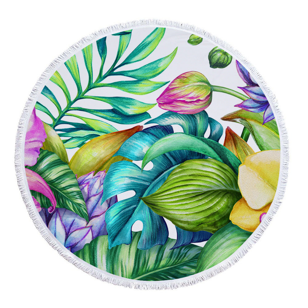 HKM-945619 Patterned Microfiber Round Beach Towel with Tassels, 150cm Diameter, Fade-Resistant Design