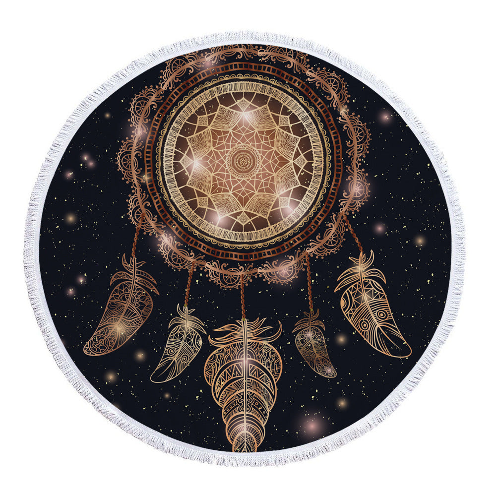 HKM-945619 Patterned Microfiber Round Beach Towel with Tassels, 150cm Diameter, Fade-Resistant Design