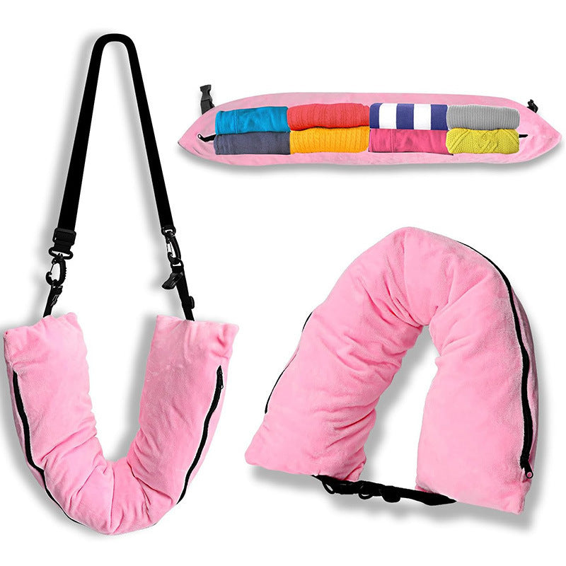 HKM-945747 Portable Refillable U-Shaped Travel Pillow with Luggage Storage, 75x17cm in Black, Gray, Blue, Pink