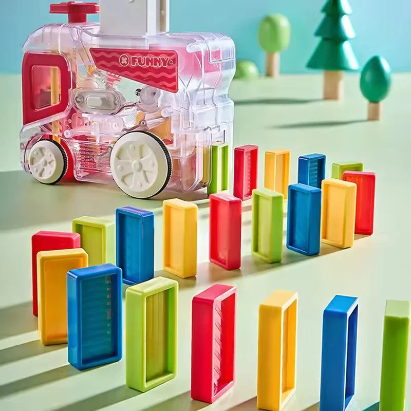 KTX-946195 Educational Domino Building Block Set with Mini Electric Car - Creative Early Learning Toy for Kids 4-6M, 7-9M