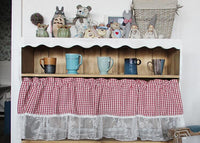 HKM-946323 Tanabe Red and Blue Plaid Lace Ruffled Kitchen and Bathroom Curtains, Various Sizes Available