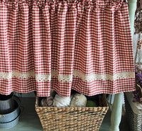 HKM-946323 Tanabe Red and Blue Plaid Lace Ruffled Kitchen and Bathroom Curtains, Various Sizes Available
