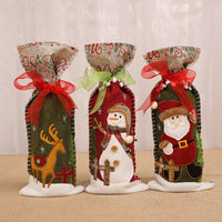 HKM-946387 Festive Wine Bottle Covers with Snowman, Deer, and Santa Designs - Fabric, 34x14.5cm