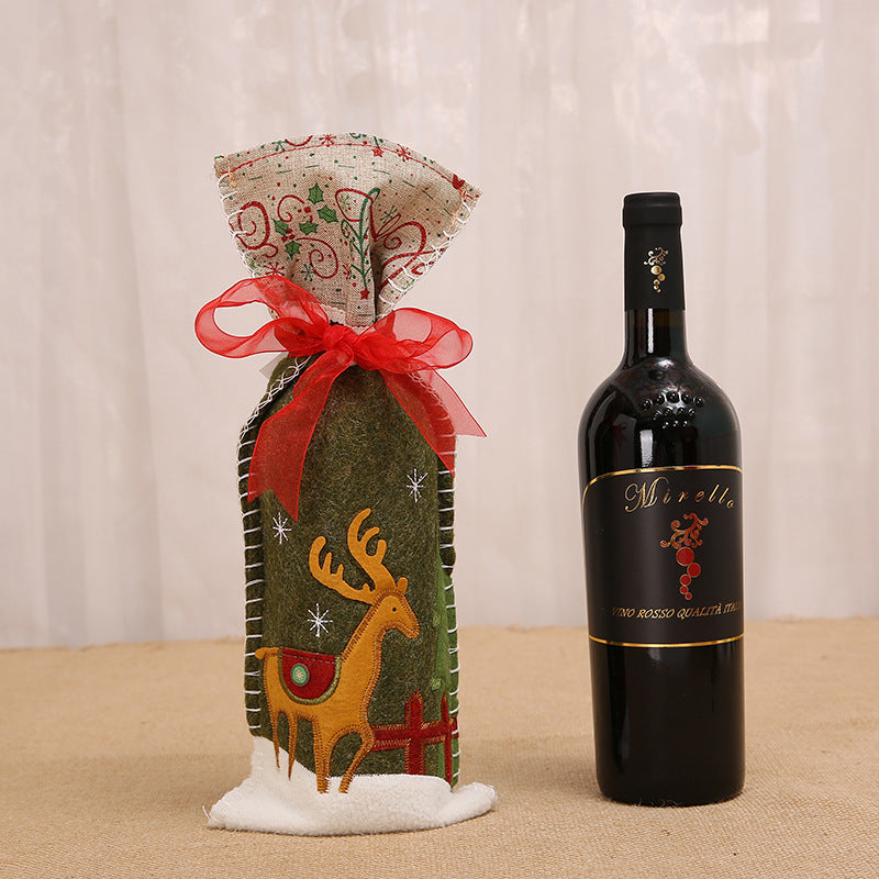 HKM-946387 Festive Wine Bottle Covers with Snowman, Deer, and Santa Designs - Fabric, 34x14.5cm