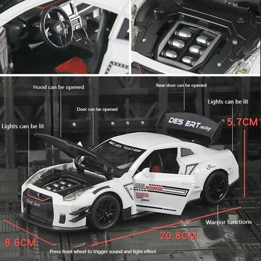 HKM-946579 1:24 Diecast Metal Nissan GTR Sports Car with Sound and Light, Pullback Action, Alloy Model for Ages 5 and Up