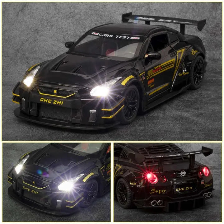HKM-946579 1:24 Diecast Metal Nissan GTR Sports Car with Sound and Light, Pullback Action, Alloy Model for Ages 5 and Up