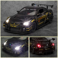 HKM-946579 1:24 Diecast Metal Nissan GTR Sports Car with Sound and Light, Pullback Action, Alloy Model for Ages 5 and Up
