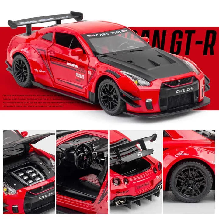 HKM-946579 1:24 Diecast Metal Nissan GTR Sports Car with Sound and Light, Pullback Action, Alloy Model for Ages 5 and Up