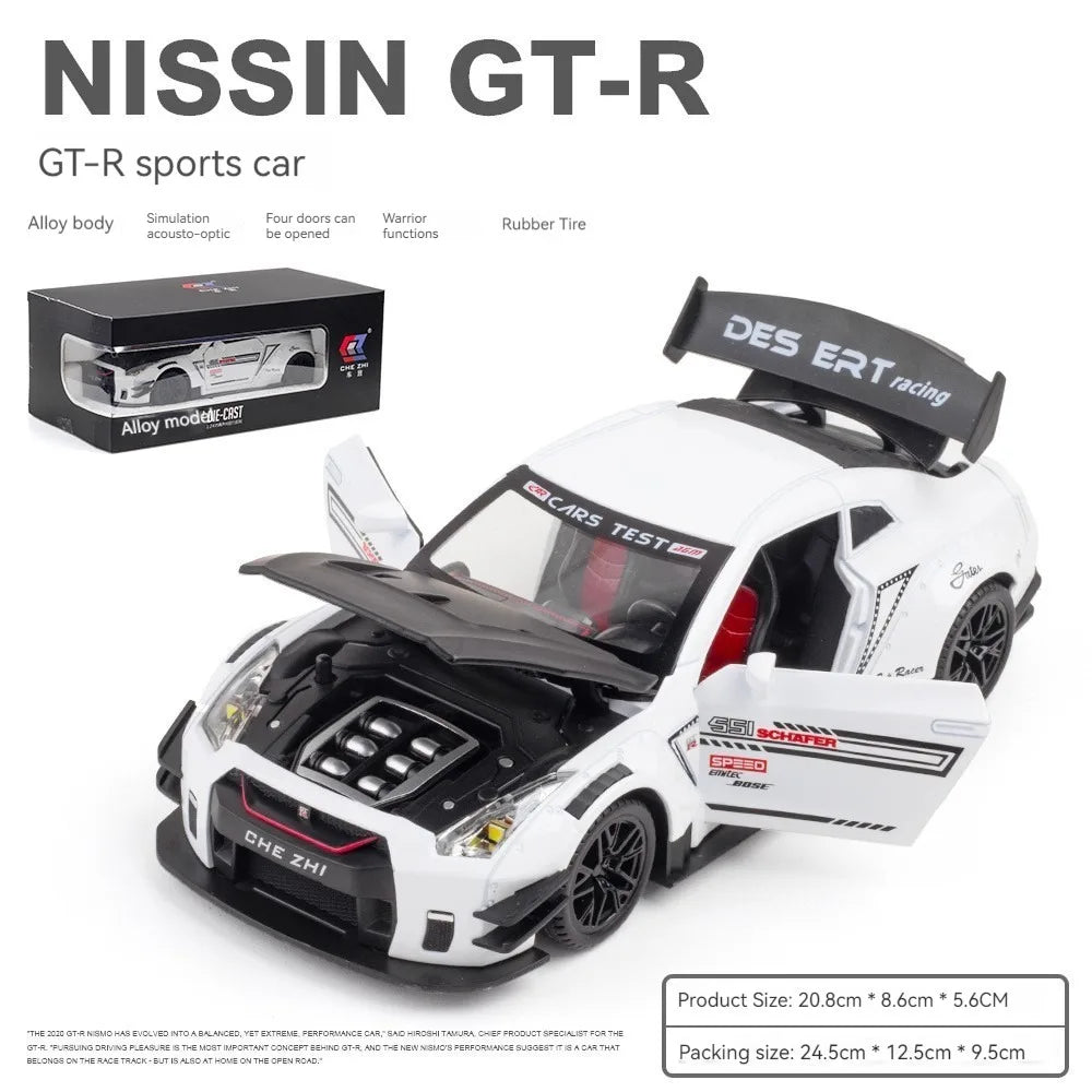 HKM-946579 1:24 Diecast Metal Nissan GTR Sports Car with Sound and Light, Pullback Action, Alloy Model for Ages 5 and Up