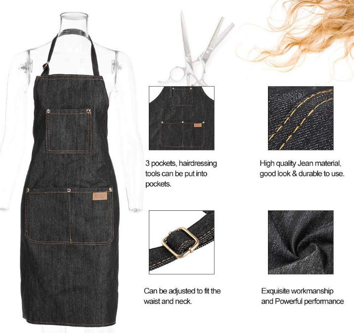 KTX-946579 Vulcanized Black Denim Sleeveless Halterneck Work Apron for Versatile Use