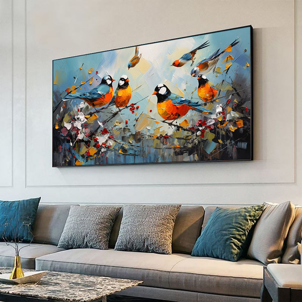 HKM-947859 Hand Painted Kawaii Magpie Oil Painting on Canvas for Modern Living Room Decor