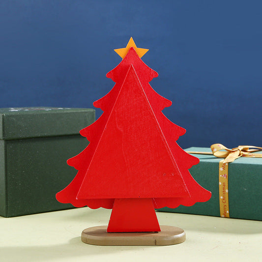 HKM-948051 Mini Wooden Christmas Tree Decorative Ornaments in Green and Red - 14x5.5x18.5CM
