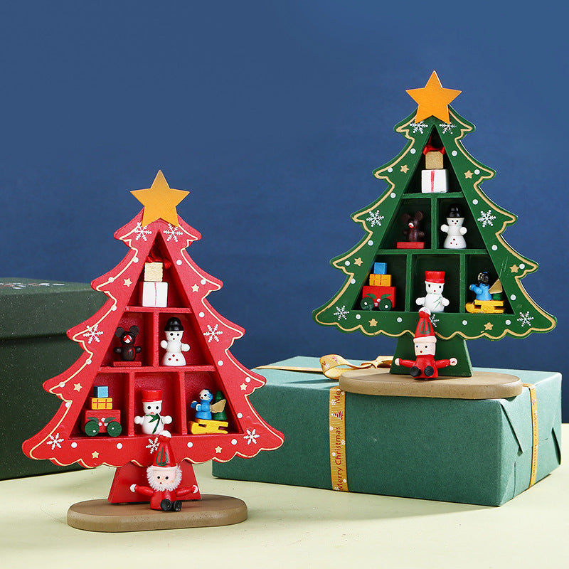 HKM-948051 Mini Wooden Christmas Tree Decorative Ornaments in Green and Red - 14x5.5x18.5CM
