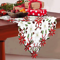 HKM-948243 Embroidered Nordic Christmas Flower Table Runner - White and Red, 38cm x 175cm