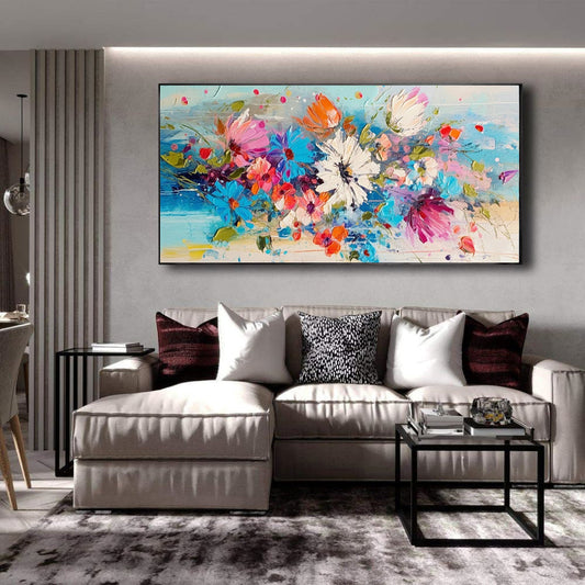 HKM-949011 Large Hand-Painted Oil Canvas Art featuring Colorful Spring Flowers in Blue, Modern Floral Wall Decor