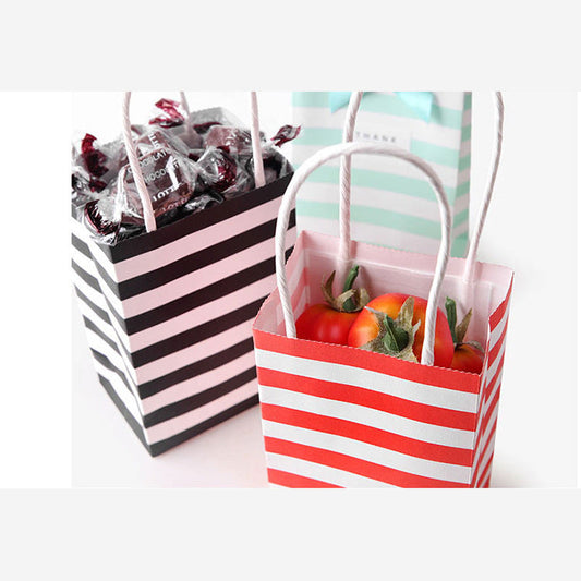 HKM-949203 Candy Color Striped White Kraft Paper Tote Bag - 7.5 x 5 x 12 cm Gift Bag