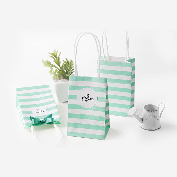 HKM-949203 Candy Color Striped White Kraft Paper Tote Bag - 7.5 x 5 x 12 cm Gift Bag